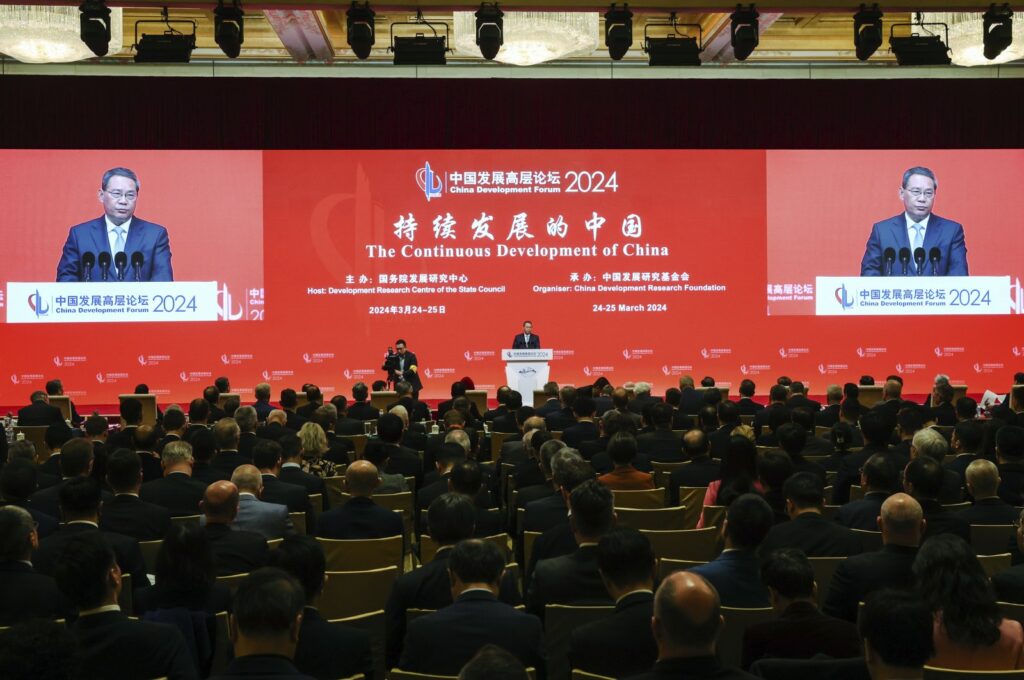 Chinese Premier Li Qiang speaks during the annual meeting of the China Development Forum at the Diaoyutai Guesthouse in Beijing, China, March 24, 2024. (AP Photo)