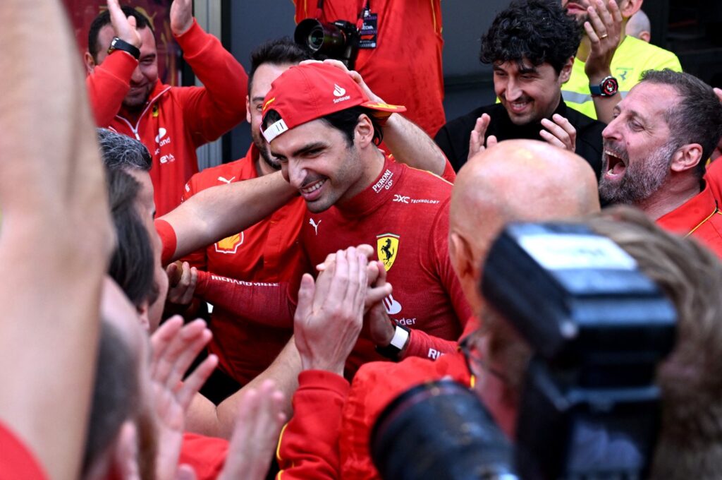 Ferrari's Carlos Sainz Jr. (C) celebrates winning the F1 Australian Grand Prix, Melbourne, Australia, March 24, 2024. (Reuters Photo)
