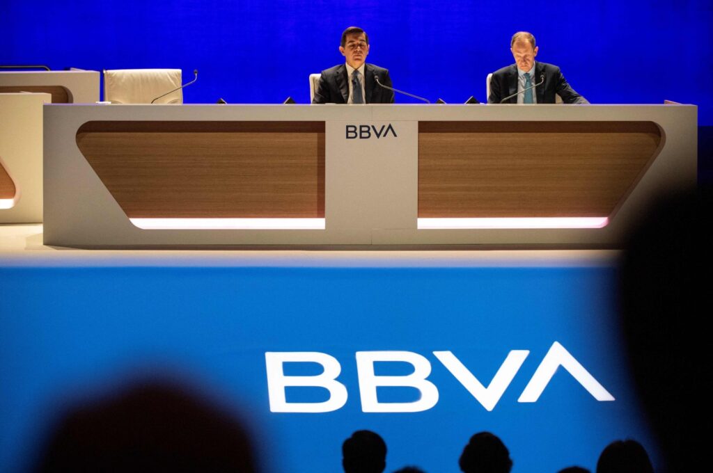 Spain's Banco Bilbao Vizcaya Argentaria (BBVA) Chair Carlos Torres (L) and General Secretary Domingo Armengol attend the bank's general shareholders' meeting, Bilbao, Spain, March 15, 2024. (AFP Photo)