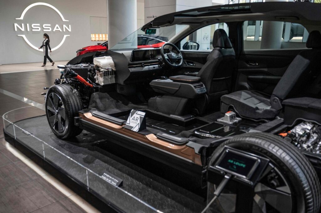 A cutaway display model of one of Nissan's electric vehicles (EV) is seen at the global headquarters of Japanese automaker Nissan Motor in Yokohama, Kanagawa prefecture, Japan, March 30, 2023. (AFP Photo)