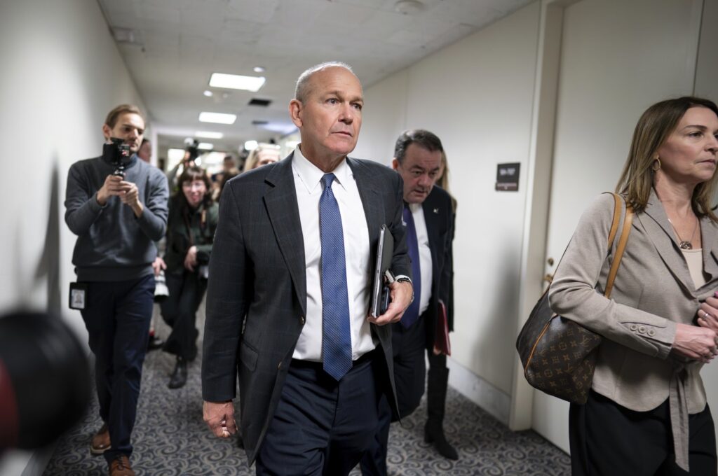 Boeing CEO Dave Calhoun departs after a meeting in the office of Sen. Mark Warner, D-Va., at the Capitol in Washington, U.S., Jan. 24, 2024. (AP Photo)