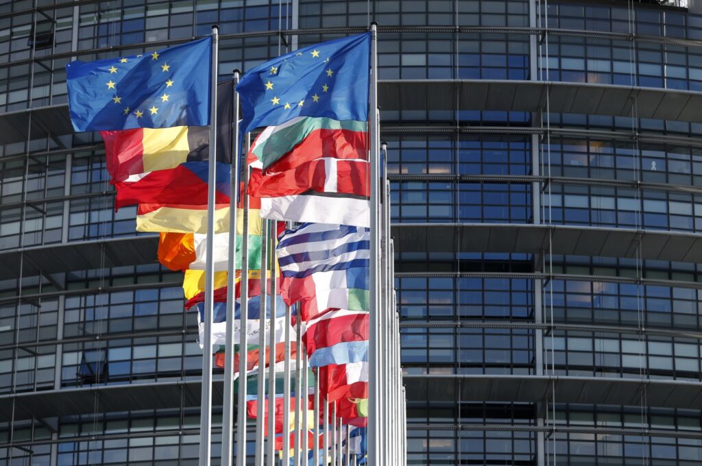 European flags fly outside the European Parliament in Strasbourg, eastern France, Tuesday, Feb.15, 2022. (AP File Photo)