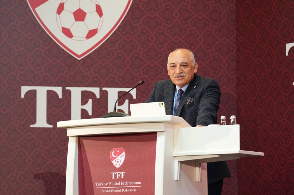 TFF President Mehmet Büyükekşi speaks at a meeting with women football players, March 8, 2024. (AA File Photo)