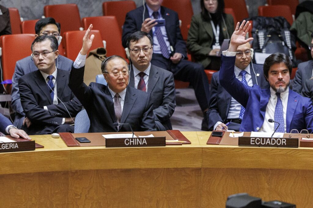 China Ambassador Zhang Jun and Ecuador Ambassador Jose De La Gasca raise their hands to vote in favor of a resolution calling for an immediate ceasefire in Gaza, during a United Nations Security Council meeting at the U.N. Headquarters in New York, U.S., March 25, 2024. (EPA Photo)