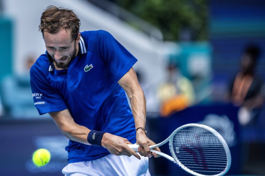Russia's Daniil Medvedev in action against Germany's Dominik Koepfer during their men's round of 16 match at the 2024 Miami Open, Miami, U.S., March 26, 2024. (EPA Photo)
