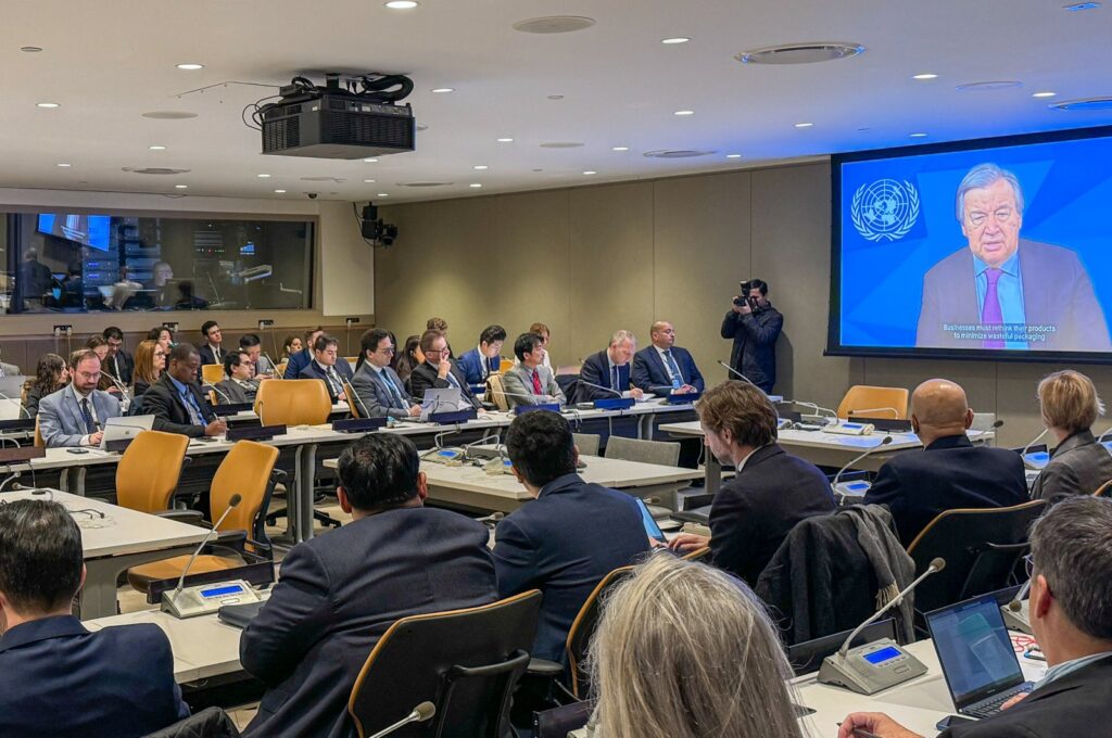 U.N. Secretary-General Antonio Guterres sent a video message to the panel "Waste Day" at the United Nations headquarters, New York, U.S., March 28, 2024. (AA Photo)