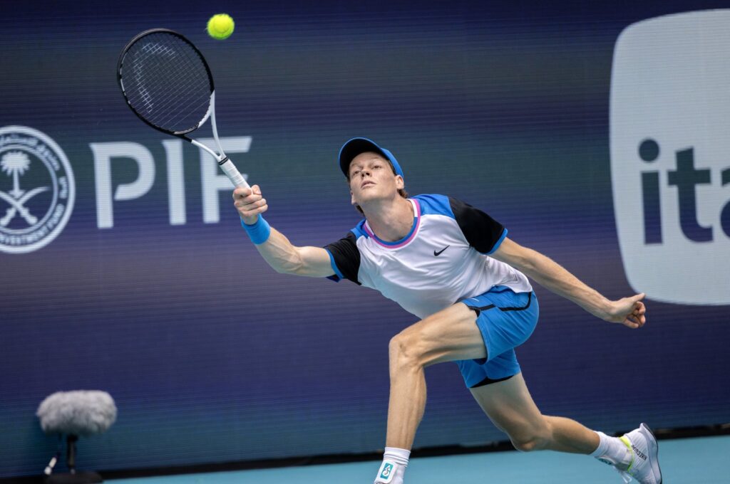 Italy's Jannik Sinner in action against Czech Republic's Tomas Machac during their men's quarterfinals match at the 2024 Miami Open tennis tournament, Miami, U.S., March 27, 2024. (EPA Photo)