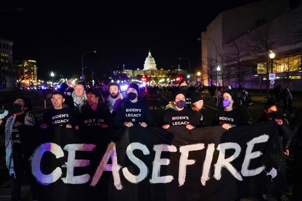Demonstrators with Jewish Voice for Peace attempt to block U.S. President Joe Biden's motorcade route during a Pro-Palestinian protest near the U.S. Capitol, in Washington, DC, U.S., March 7, 2024. (AFP Photo)