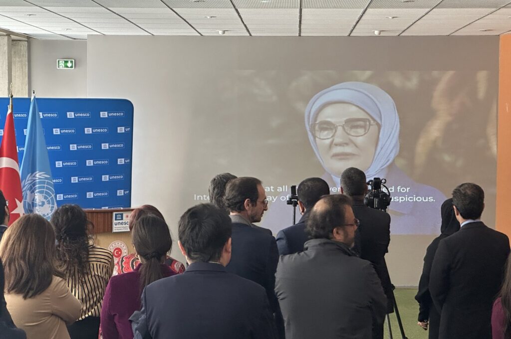 First Lady Emine Erdoğan's video message is displayed at the event in Paris, March 28, 2024. (AA Photo)