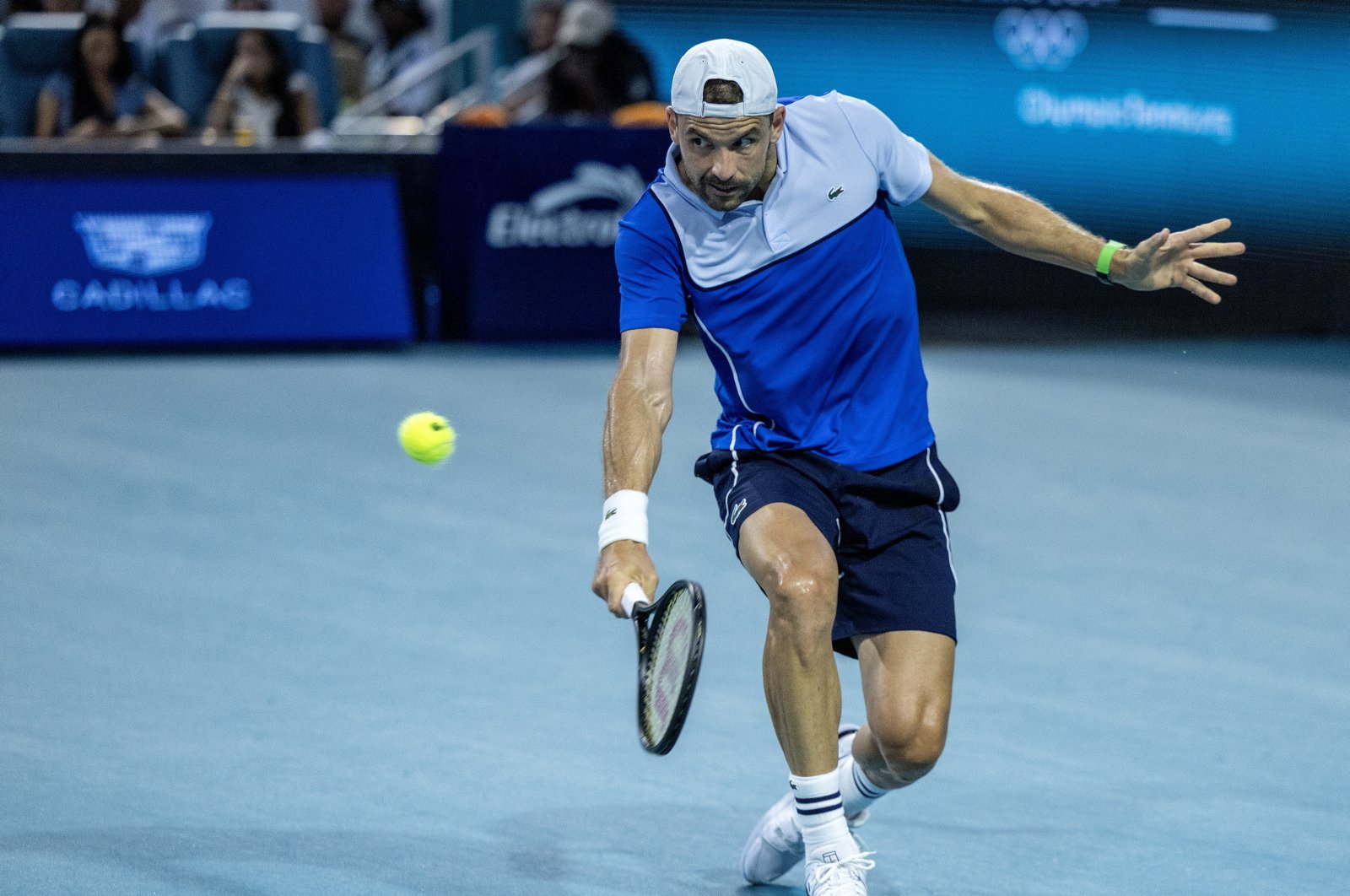 Bulgaria's Grigor Dimitrov in action against Spain's Carlos Alcaraz during the men's quarterfinals match at the 2024 Miami Open tennis tournament, Miami, Florida, U.S., March 28, 2024. (EPA Photo)