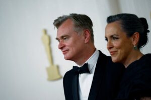 Christopher Nolan and Emma Thomas pose on the red carpet during the Oscars arrivals at the 96th Academy Awards in Hollywood, Los Angeles, California, U.S., March 10, 2024. (Reuters Photo)