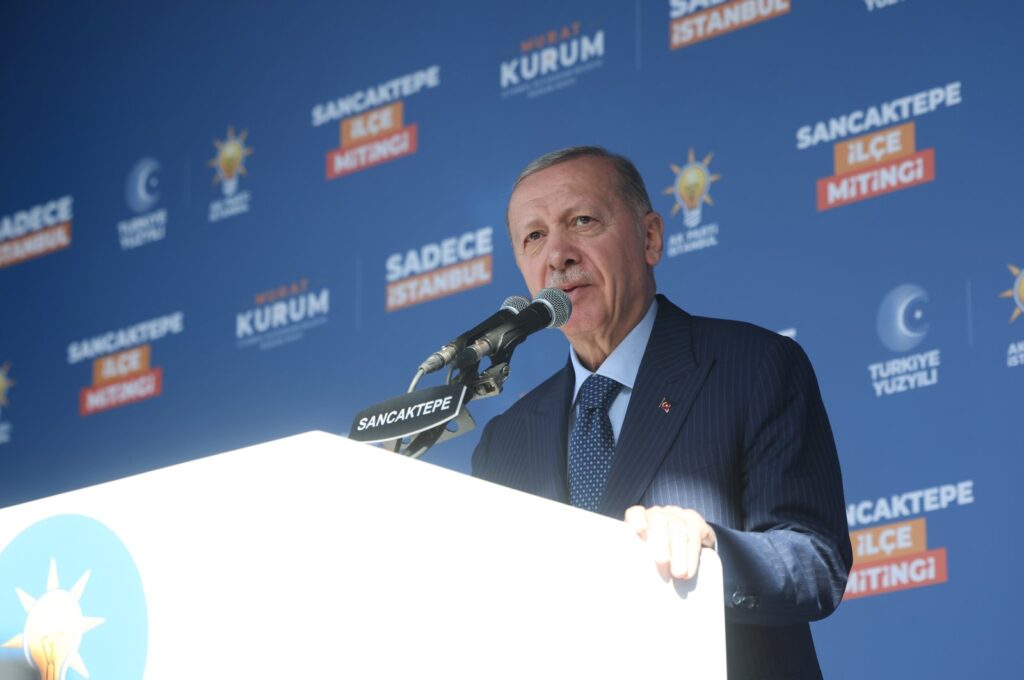 President Recep Tayyip Erdoğan addresses supporters at his ruling AK Party's election rally in Istanbul's Sancaktepe district, March 29, 2024. (IHA Photo)