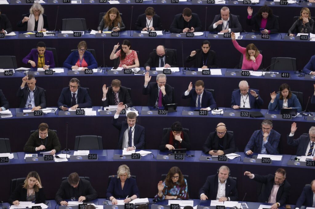 European Union lawmakers vote on an Artificial Intelligence Act at the European Parliament in Strasbourg, eastern France, Wednesday, March 13, 2024. (AP Photo)