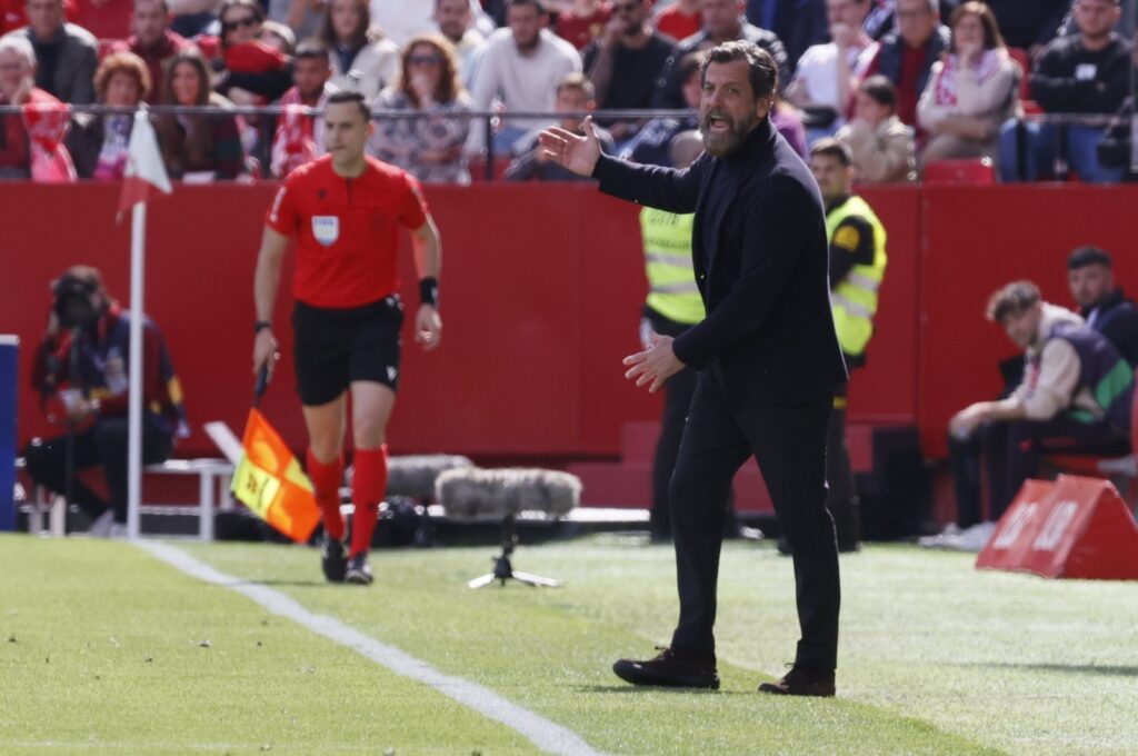 Sevilla's head coach, Quique Sanchez Flores, gestures during the Spanish La Liga match against Real Sociedad, Seville, Spain, March 2, 2024. (EPA Photo)