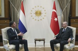 President Recep Tayyip Erdoğan (R) and Dutch Prime Minister Mark Rutte speak during a meeting, Ankara, Türkiye, March 22, 2022. (Turkish Presidency via AP)