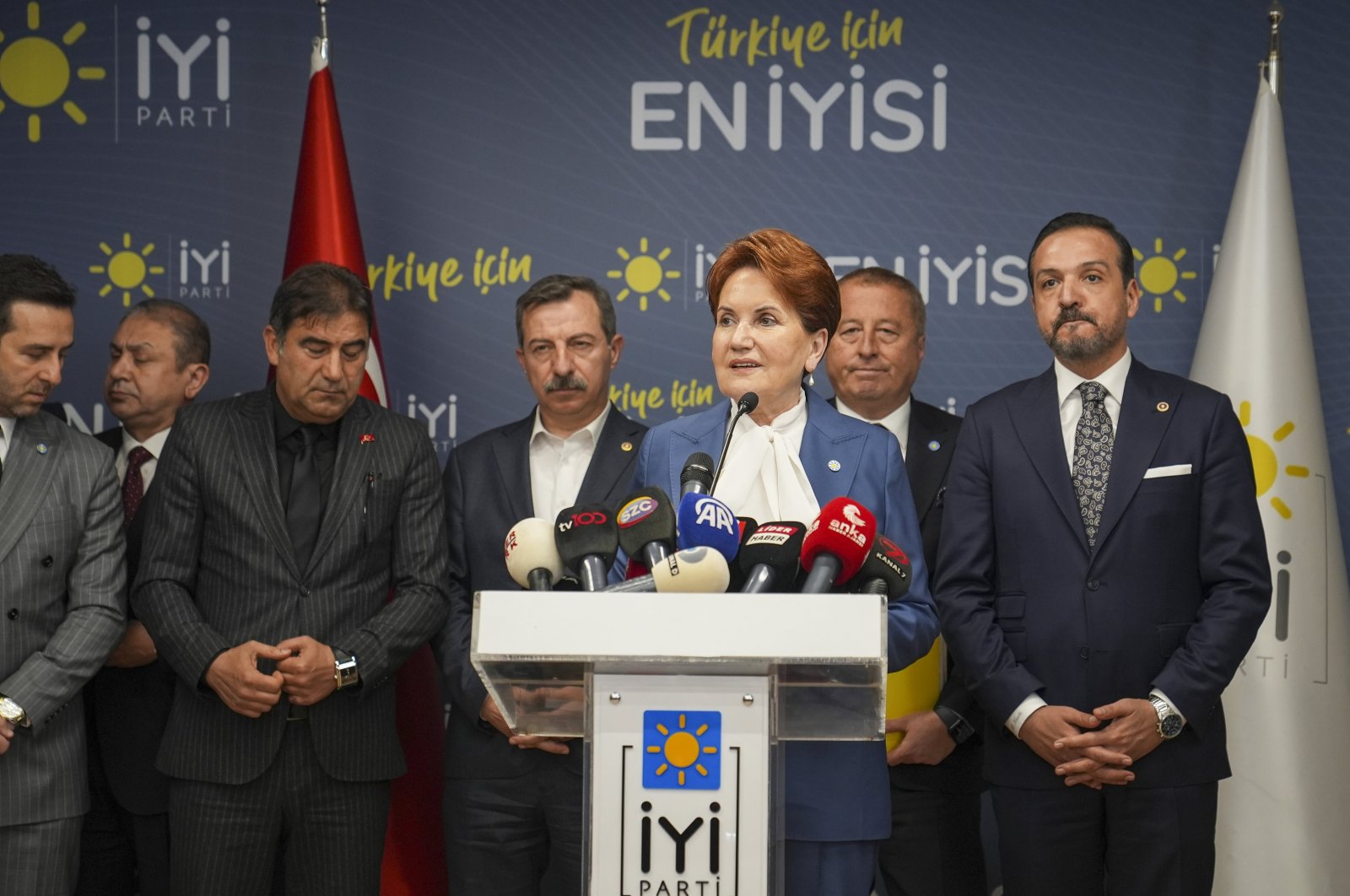 Meral Akşener speaks at a news conference, in the capital of Ankara, Türkiye, April 1, 2024. (AA Photo)