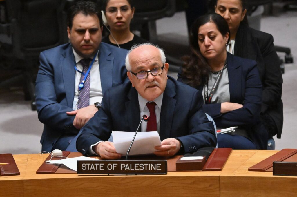 Palestinian Ambassador to the United Nations Riyad Mansour speaks during a U.N. Security Council meeting on the situation in the Middle East, including the Palestinian question, at the U.N. headquarters in New York, March 25, 2024. (AFP Photo)