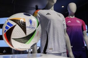The official jerseys of the German national team for the upcoming European Football Championship 2024 (UEFA EURO 2024) are on display at the headquarters of sporting goods manufacturer adidas AG, Herzogenaurach, Germany, March 14, 2024. (AP Photo)