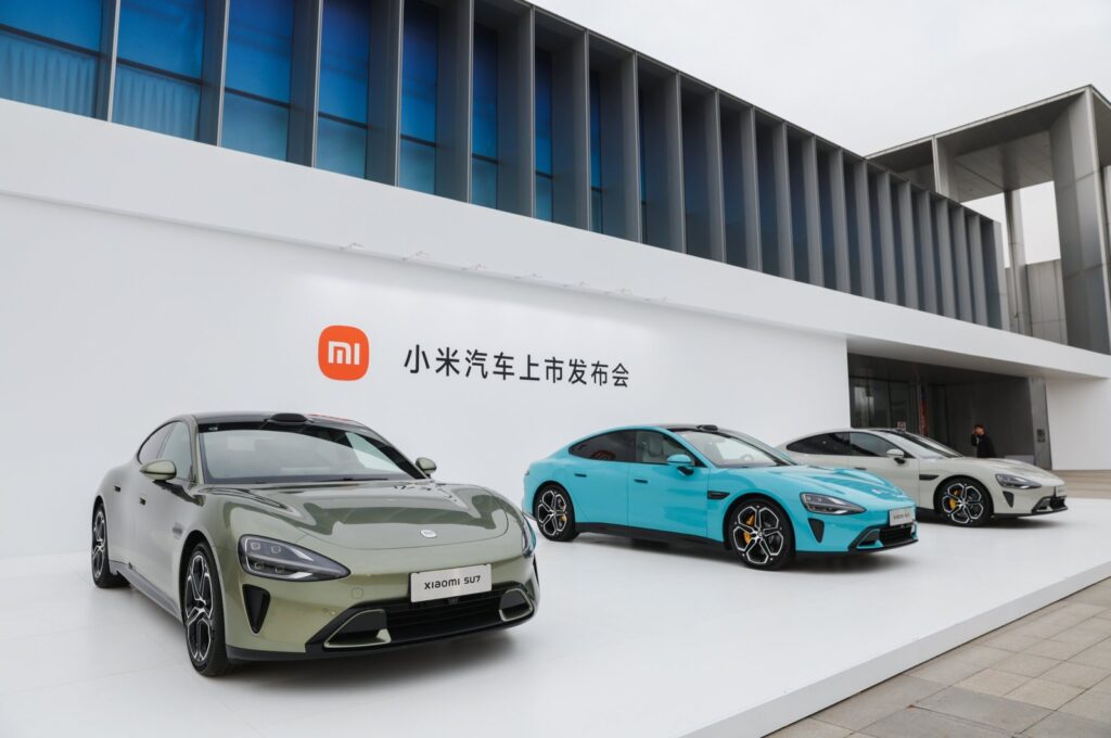 Xiaomi SU7 electric cars displayed at Beijing Etrong International Exhibition and Convention Center, in Beijing, China, March 28, 2024. (EPA Photo)