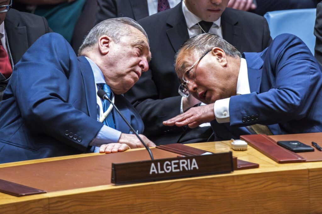 Permanent Representative of Algeria to the United Nations Amar Bendjama (L) talks to China's ambassador to the U.N., Zhang Jun, after voting against a U.S. ceasefire resolution for the Gaza war during a U.N. Security Council meeting at the U.N. headquarters, in New York City, U.S., March 22, 2024. (AFP Photo)