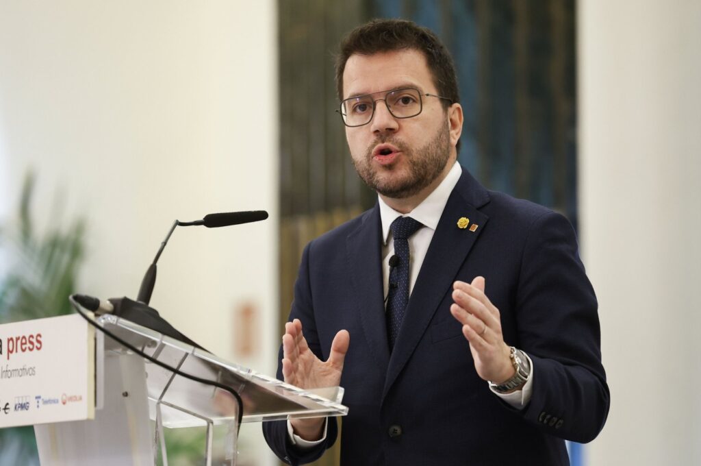 Catalan regional President Pere Aragones speaks during a breakfast briefing held in Madrid, Spain, March 20, 2024. (EPA Photo)