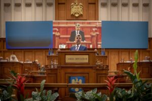Romanian Prime Minister-designate Marcel Ciolacu, the leader of the Social Democratic Party (PSD), delivers a speech before a confidence vote for him and his team at Parliament, Bucharest, Romania, June 15, 2023. (AP Photo)