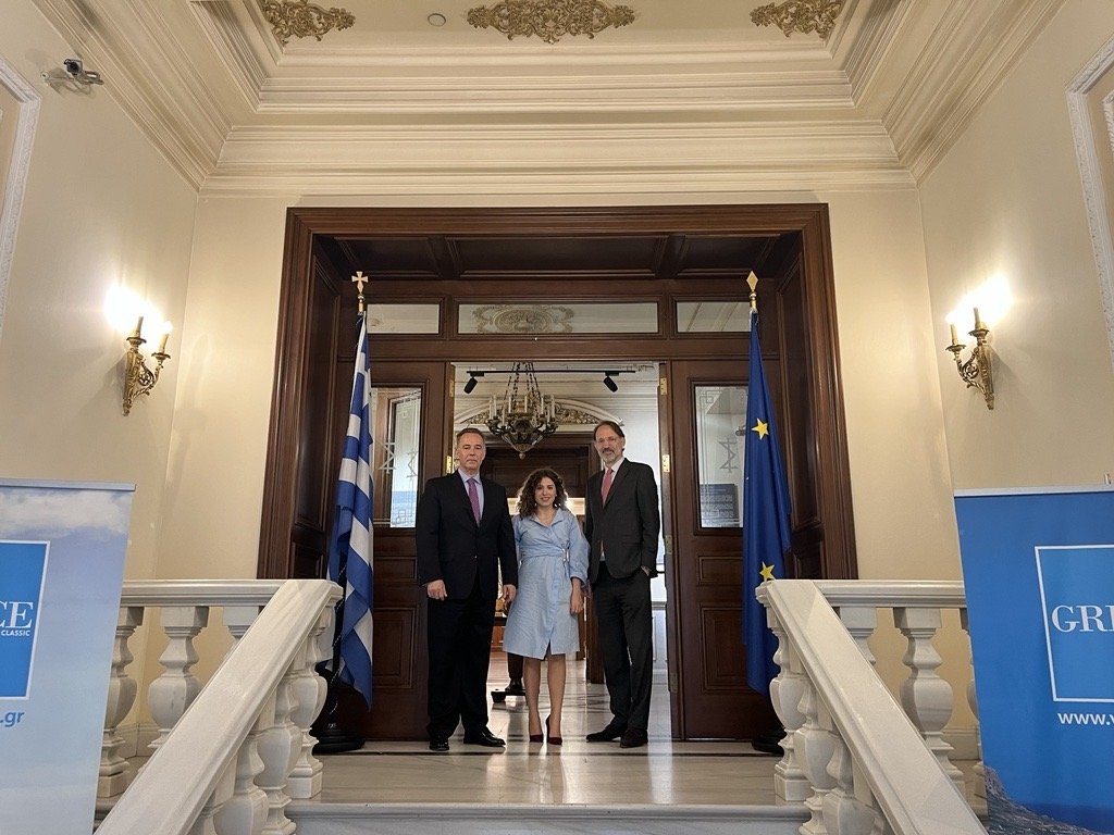(L-R) Consul General of Greece in Istanbul, Dr. Konstantinos Koutras, Daily Sabah's Buse Keskin and the Press Attache of the Greek Consulate General, Yorgos Mamalos, Istanbul, Türkiye, April 1, 2024. (Photo by Betül Tilmaç)