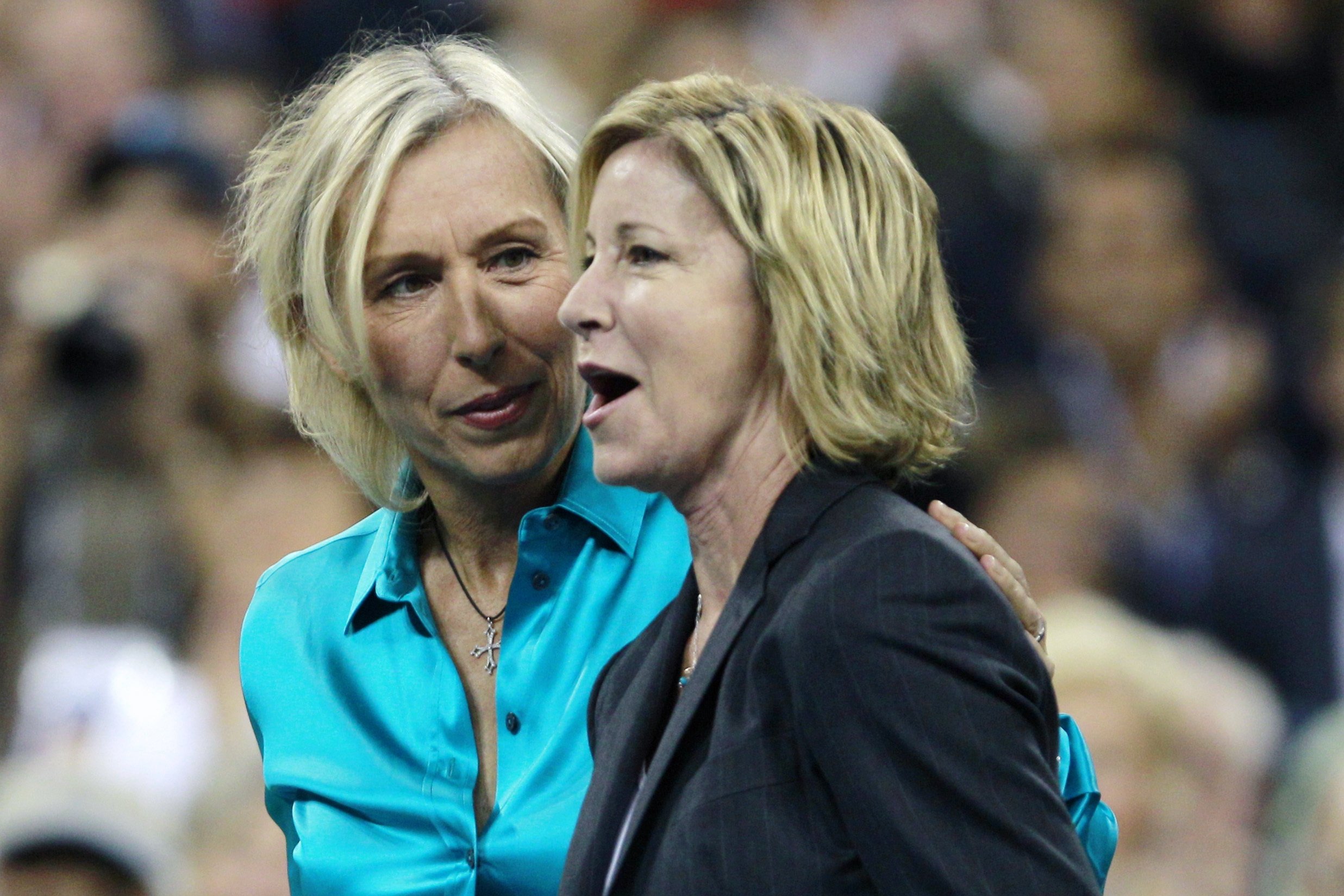 322518 Former tennis players Martina Navratilova (L) and Chris Evert are introduced before the start of the women's championship match at the U.S. Open tennis tournament, New York, U.S., Sept. 11, 2010. (AP Photo)