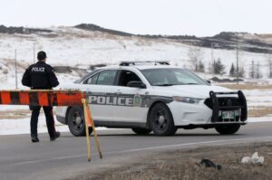 A police car blocks the entrance to the Brady Road Resource Management Facility, Winnipeg, Manitoba, Canada, April 4, 2023.  (Reuters File Photo)