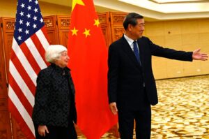 China's Vice Premier He Lifeng gestures to U.S. Treasury Secretary Janet Yellen (L) before a meeting at the Guangdong Zhudao Guest House, Guangzhou, China, April 5, 2024. (AFP Photo)