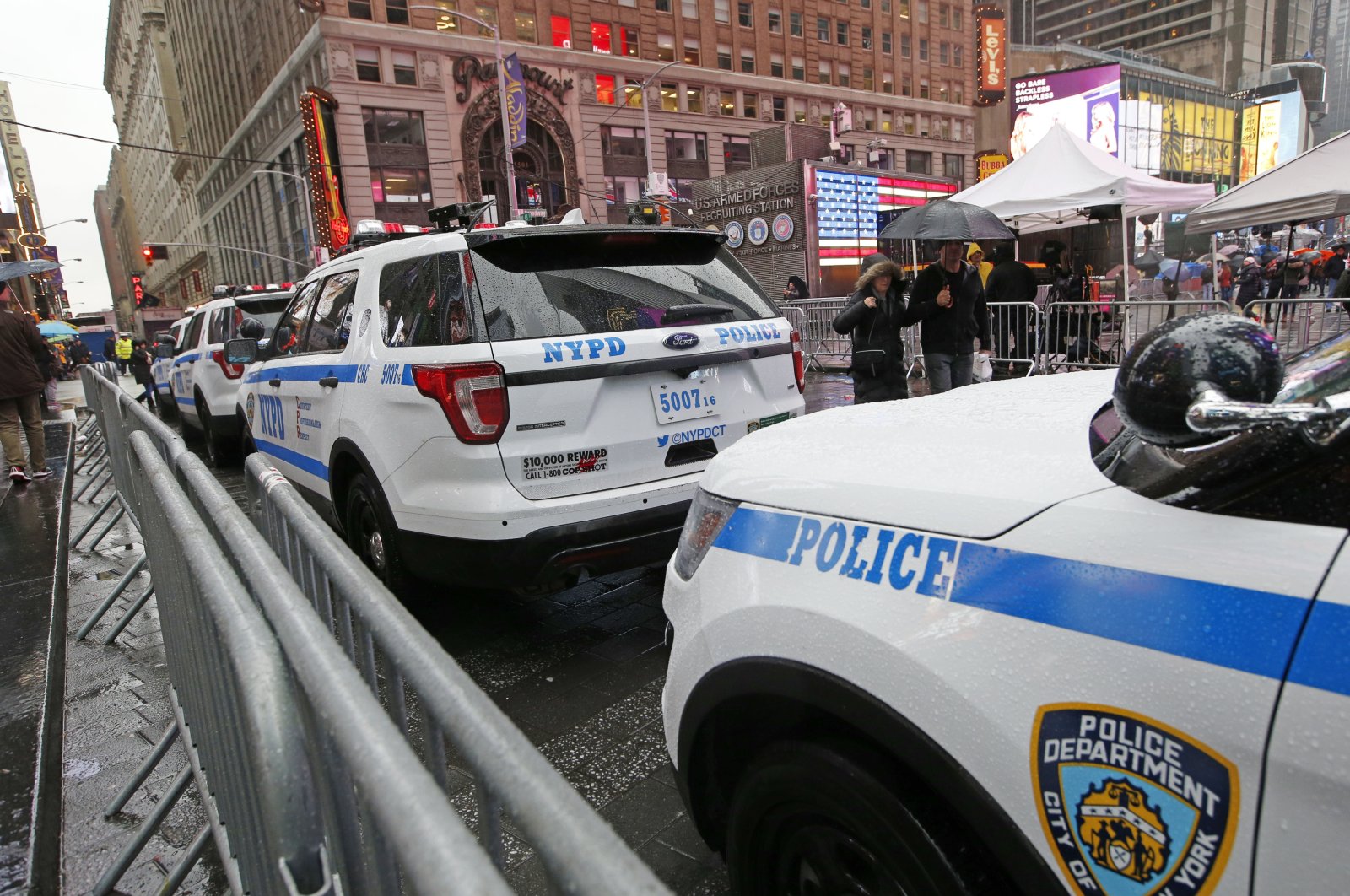 A line of police cars are parked along a street in Times Square, New York, Thursday, Dec. 29, 2016. (AP File Photo)