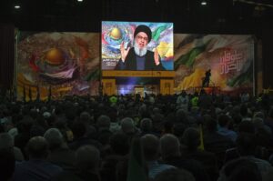 Hezbollah leader Hassan Nasrallah delivers a speech via video during a gathering to commemorate Al Quds Day (Jerusalem Day) in a suburb of Beirut, Lebanon, April 5, 2024. (EPA Photo)