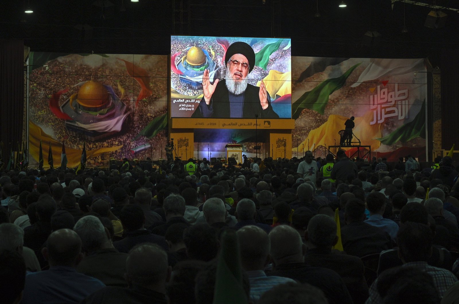 Hezbollah leader Hassan Nasrallah delivers a speech via video during a gathering to commemorate Al Quds Day (Jerusalem Day) in a suburb of Beirut, Lebanon, April 5, 2024. (EPA Photo)