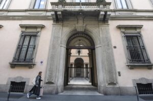 The headquarters of Giorgio Armani Operations at Borgonuovo Street in Milan, Italy, Friday, April 5, 2024. (AP Photo)