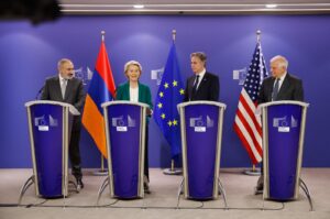 From left: Armenian Prime Minister Nikol Pashinyan, EU Commission President Ursula von der Leyen, U.S. Secretary of State Antony Blinken, and European Union Foreign Policy chief Josep Borrell hold a joint news conference in Brussels on April 5, 2024. (AFP Photo)