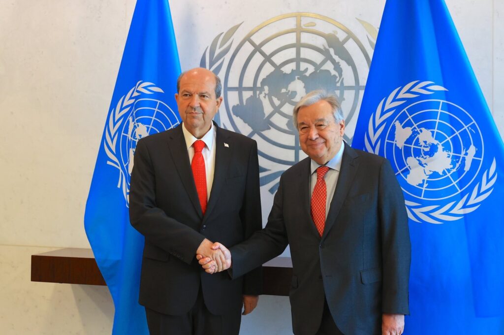 Turkish Cypriot President Ersin Tatar and U.N. Secretary-General Antonio Guterres shake hands at the U.N. headquarters in New York, April 5, 2024. (AA Photo)