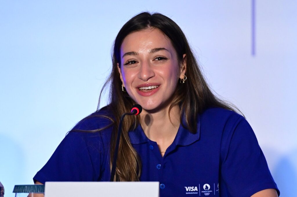 Turkish boxer Buse Naz Çakıroğlu speaks during the press conference at the "Team Visa" announcement ceremony, Istanbul, Türkiye, April 3, 2024. (AA Photo)