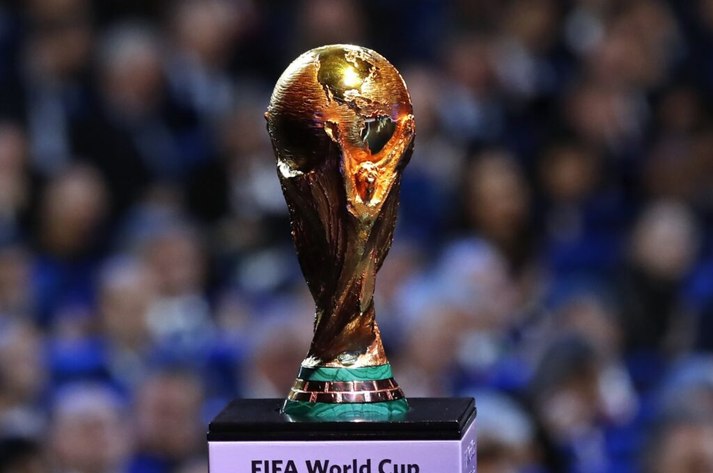 The original FIFA World Cup trophy is displayed during the 2018 World Cup draw in the Kremlin, Moscow, Russia, Dec. 1, 2017. (AP Photo)