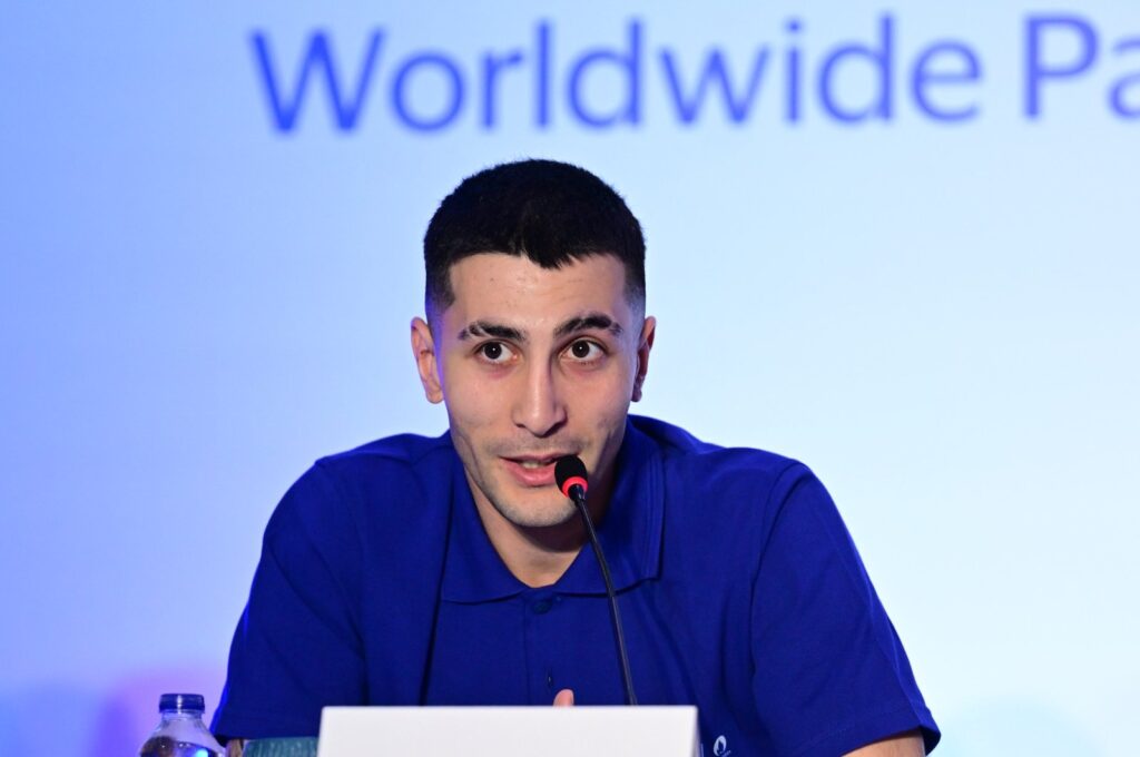 Turkish taekwondo star Hakan Reçber speaks during the news conference at the "Team Visa" announcement ceremony, Istanbul, Türkiye, April 3, 2024. (AA Photo)