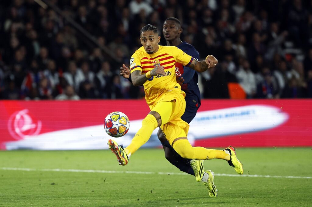 Barcelona's Raphinha scores the 2-2 equalizing goal during the UEFA Champions League quarterfinals, 1st leg match against Paris Saint-Germain, Paris, France, April 10, 2024. (EPA Photo)