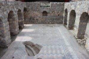 The construction of the glass terrace, above the tepidarium (warm bathroom) section of the Roman bath, has made the historical structure at the ancient city of Hadrianopolis more visible, Karabük, Türkiye, April 11, 2024. (AA Photo)