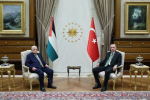 President Recep Tayyip Erdoğan (R) and Palestinian President Mahmoud Abbas attend a meeting in Ankara, Türkiye, March 5, 2024. (EPA Photo)