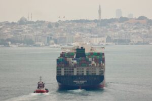 Hong-Kong-flagged container ship Joseph Schulte transits Bosporus in Istanbul, Türkiye, Aug. 18, 2023. REUTERS/Yoruk Isik