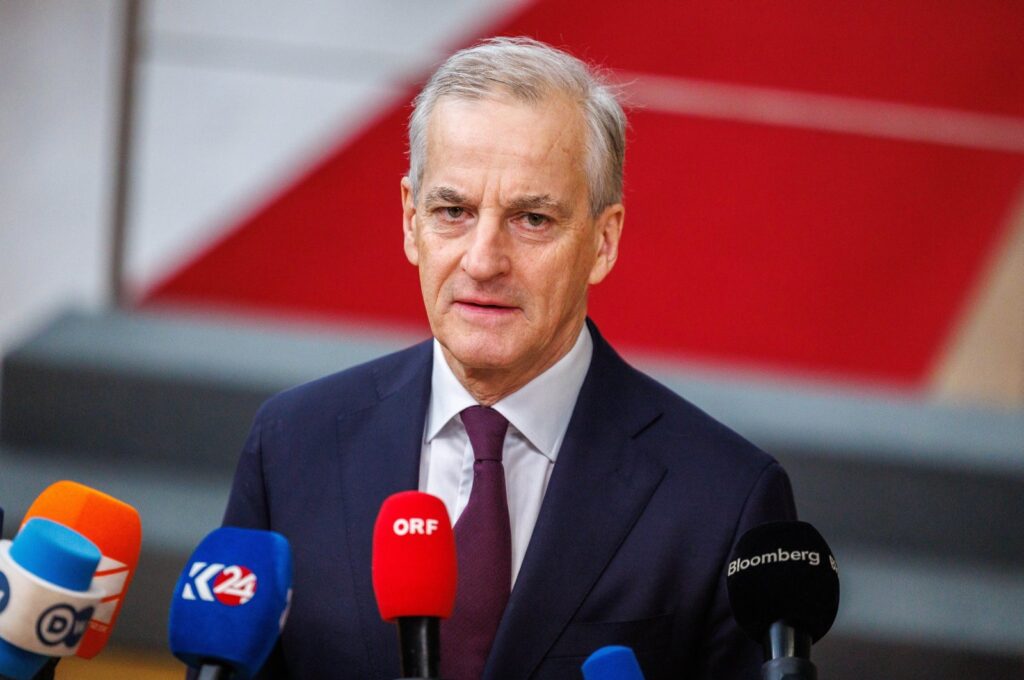 Norway's Prime Minister Jonas Gahr Store talks to the media as he arrives to meet with EU leaders and their counterparts of the countries in the European Economic Area (EEA), Iceland, Norway and Liechtenstein, to mark the 30th anniversary of the EEA, during the second day of a European Council meeting in Brussels, Belgium, March 22, 2024. (EPA Photo)