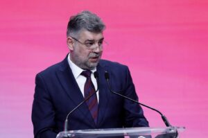 Romanian Prime Minister Marcel Ciolacu delivers a speech at the Party of European Socialists (PES) conference held at Parliament Palace in Bucharest, Romania, April 6, 2024. (EPA Photo)