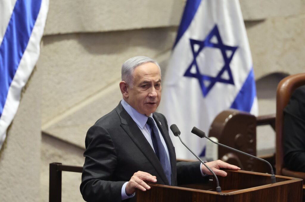 Israeli Prime Minister Benjamin Netanyahu speaks during the voting session for the impeachment of Hadash party member of parliament Ofer Cassif, west Jerusalem, Israel, Feb. 19, 2024. (EPA Photo)