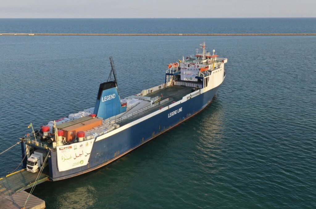 Jointly prepared by the Humanitarian Relief Foundation (IHH) and the Kuwait Society for Relief, a ship carrying aid for Gaza under Israel's attack sets sail from Mersin to Egypt's al-Arish Port, southern Türkiye, April 14, 2024. (AA Photo)
