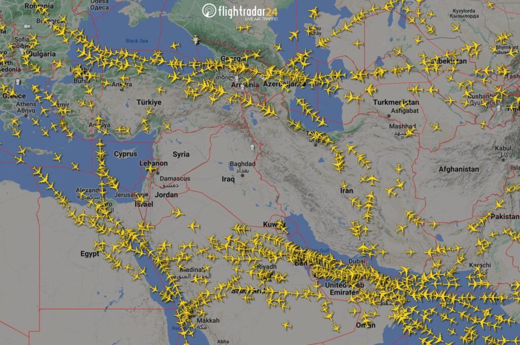 A graphical representation of air traffic shows airspace over Iran and the neighboring Middle East at 00.00 GMT, April 14, 2024. (Flightradar24.Com/Handout via Reuters)