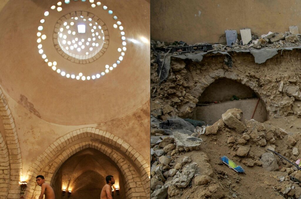 This combination of pictures shows Gaza City's historic Hammam al-Samra, which used to be the only active traditional Turkish bath remaining in Gaza, located in the Zeitun quarter of the old city before it was destroyed in Israeli bombardment. (AFP Photo)