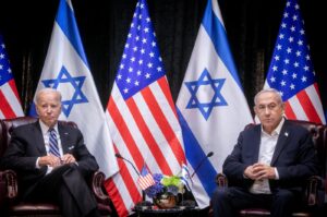 U.S. President Joe Biden (L) looks on during a meeting with Israeli Prime Minister Benjamin Netanyahu, Tel Aviv, Israel, Oct. 18, 2023. (EPA Photo)